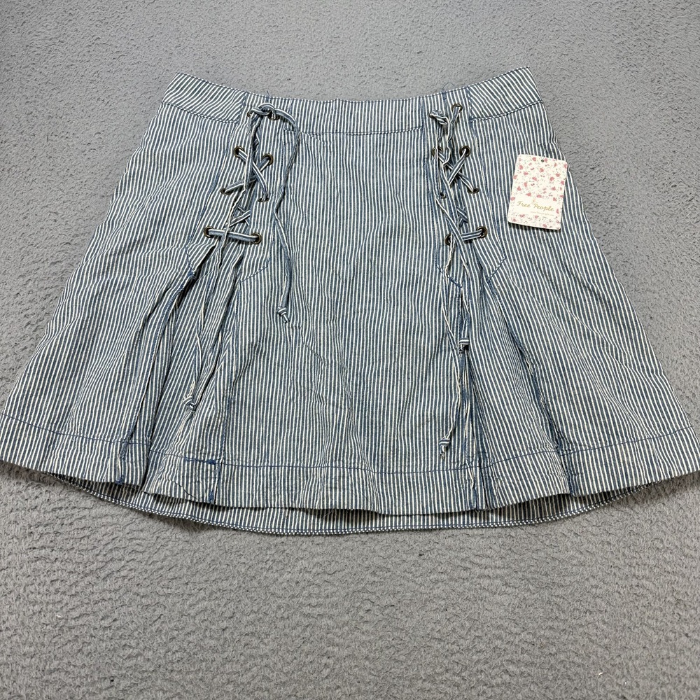 Free‎ People Skirt Women's 12 Blue White Railroad Stripe Lace Up Mini Lined Boho